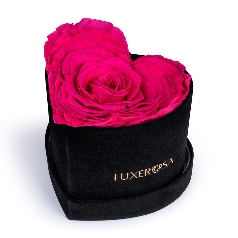 Black Velvet Suede, Small, Venus Heart Shaped, Eternity Rose Box With Heart Rose | Infinity | Eternal | Preserved Hot Pink Rose - LUXEROSA