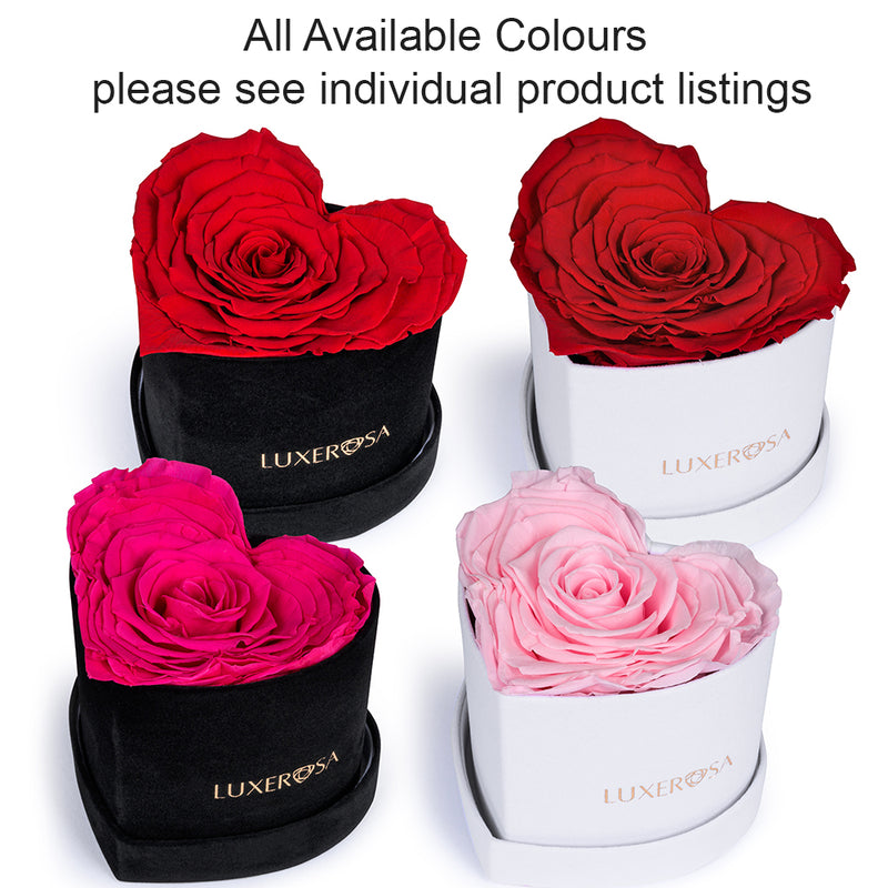 Black Velvet Suede, Small, Venus Heart Shaped, Eternity Rose Box With Heart Rose | Infinity | Eternal | Preserved Hot Pink Rose - LUXEROSA