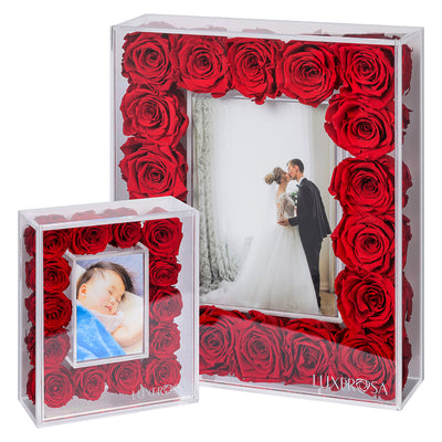 Large Floral Frame with 18 Forever | Eternal | Eternity | Infinity Roses in a Clear Acrylic Box - Red Coloured Preserved Roses - large - LUXEROSA