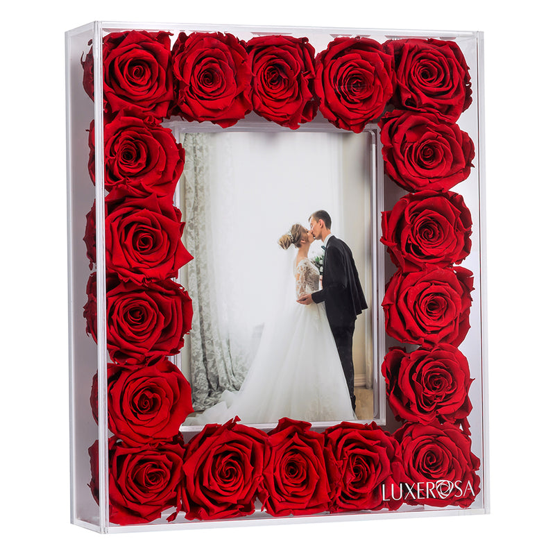 Large Floral Frame with 18 Forever | Eternal | Eternity | Infinity Roses in a Clear Acrylic Box - Red Coloured Preserved Roses - large - LUXEROSA