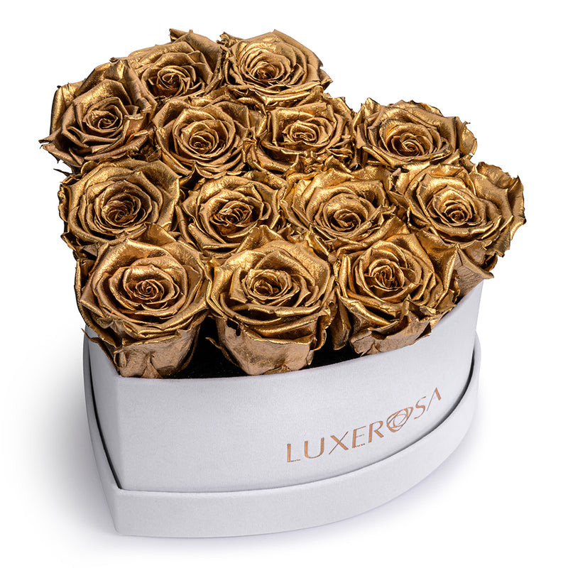 White Velvet Suede, Medium, Venus Heart Shaped, Eternity Rose Box With 13 Forever | Infinity | Preserved Gold Coloured Roses - LUXEROSA