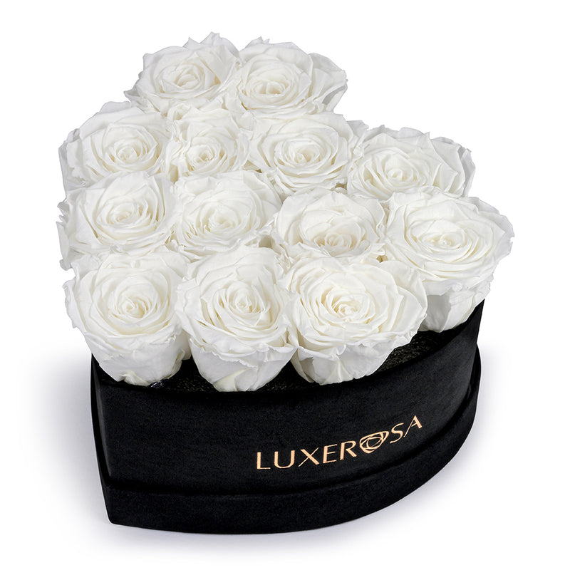 Black Velvet Suede, Medium, Venus Heart Shaped, Eternity Rose Box With 13 Forever | Infinity | Preserved Roses in White Colour - LUXEROSA