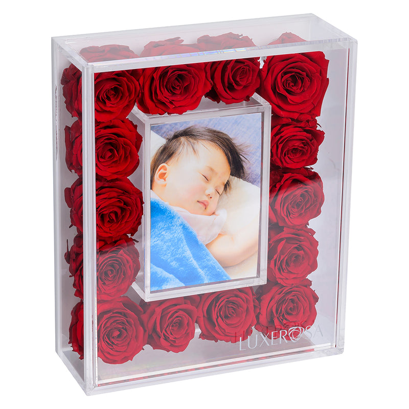 Mini Floral Frame with 14 Forever | Eternal | Eternity | Infinity Roses in a Clear Acrylic Box - Red Coloured Preserved Roses - small - LUXEROSA